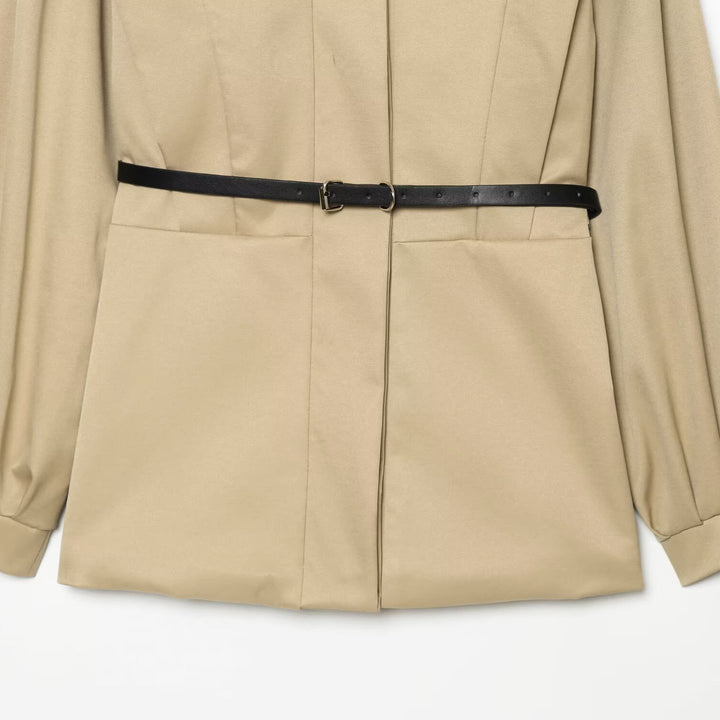 Women Short Cape Trench with High Funnel Collar and Waist Belt Mune Fashion