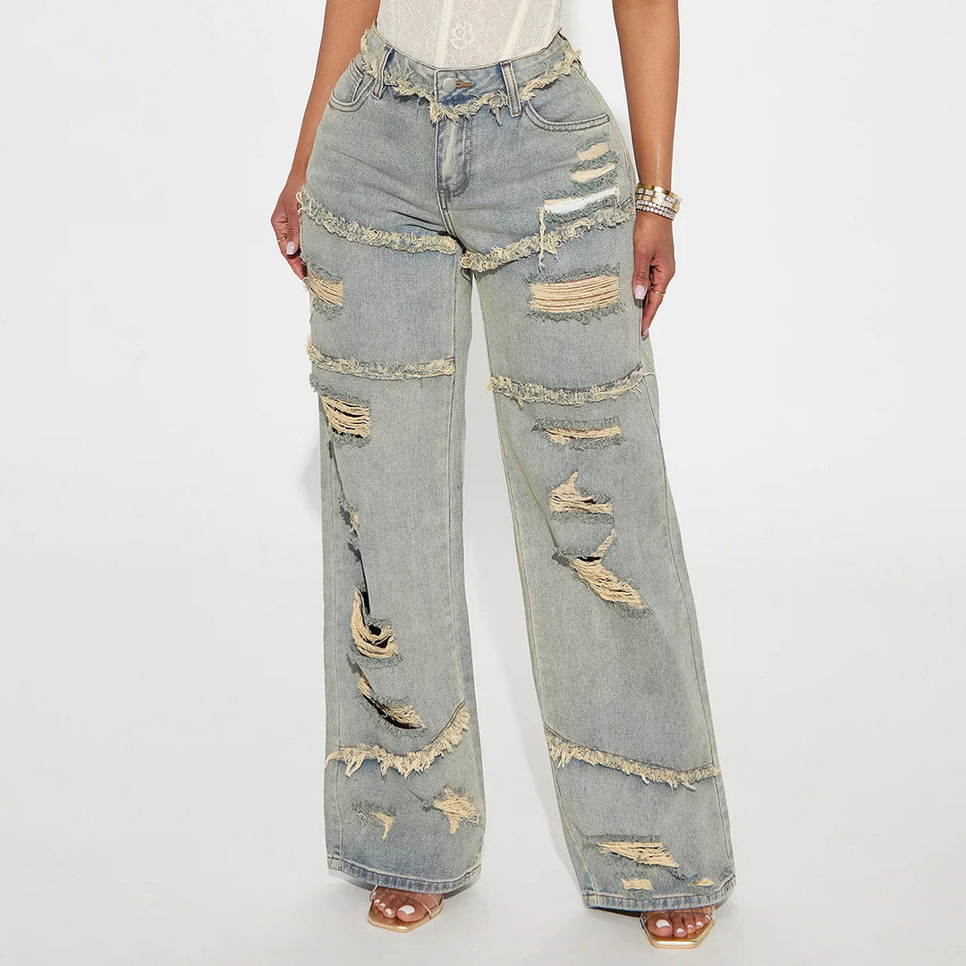 Women High Waisted Oversized Jeans with Wide Leg and Frayed Rips Mune Fashion