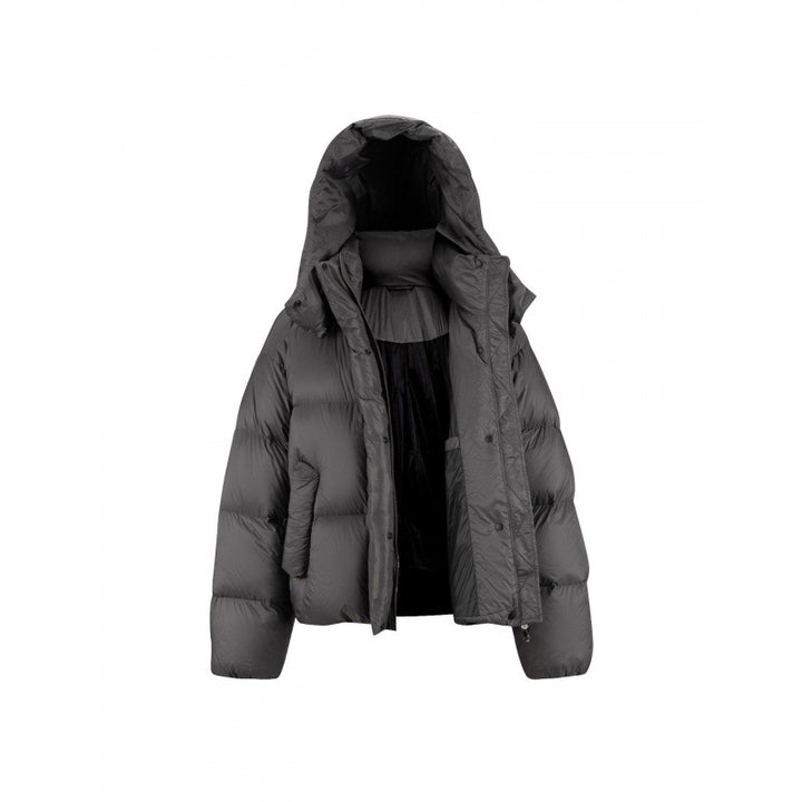 Women's Short Padded Crop Quilted Jacket with Volume Hood and Concealed Snap Placket Mune Fashion