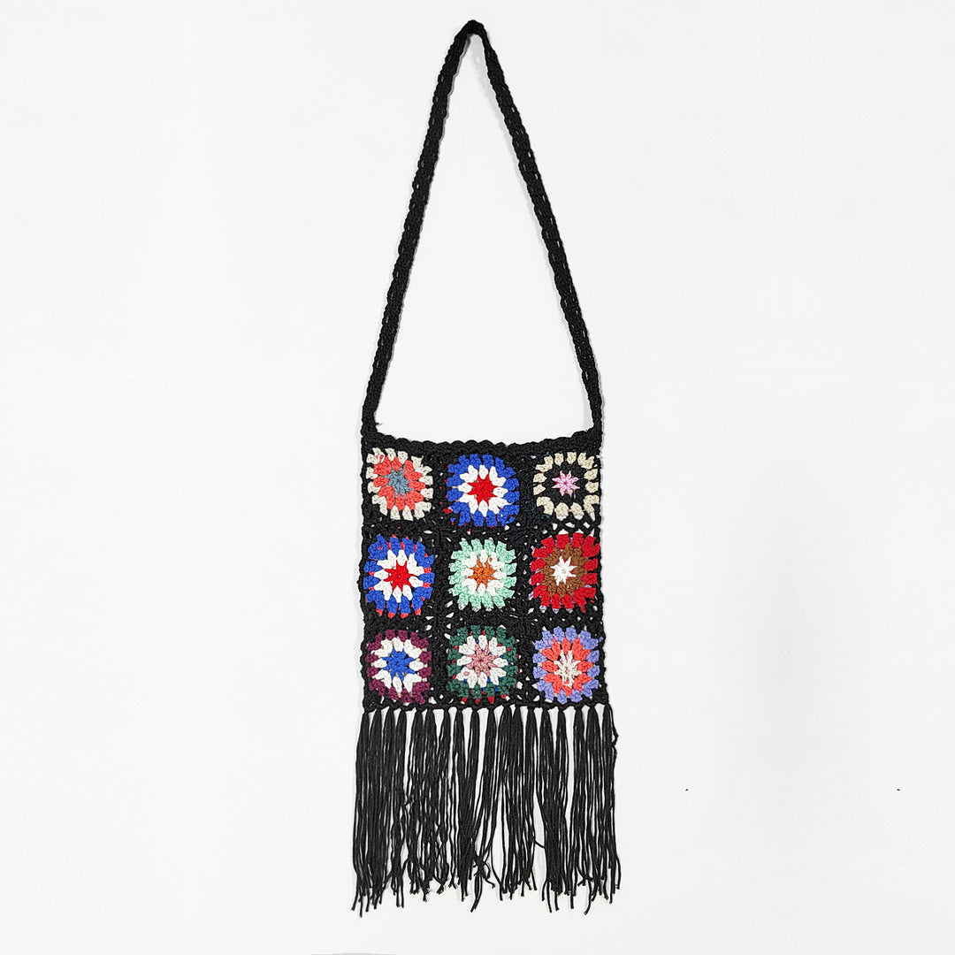 Women crocheted shoulder bag with colorful floral patterns and fringes Mune Fashion