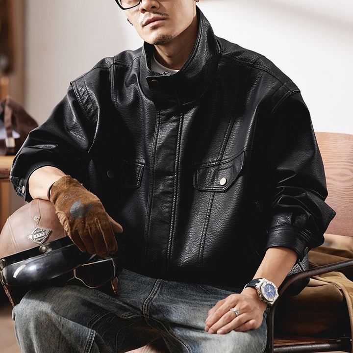 Men's Oversized Faux Leather Jacket in Worker Look with Flap Pockets Mune Fashion