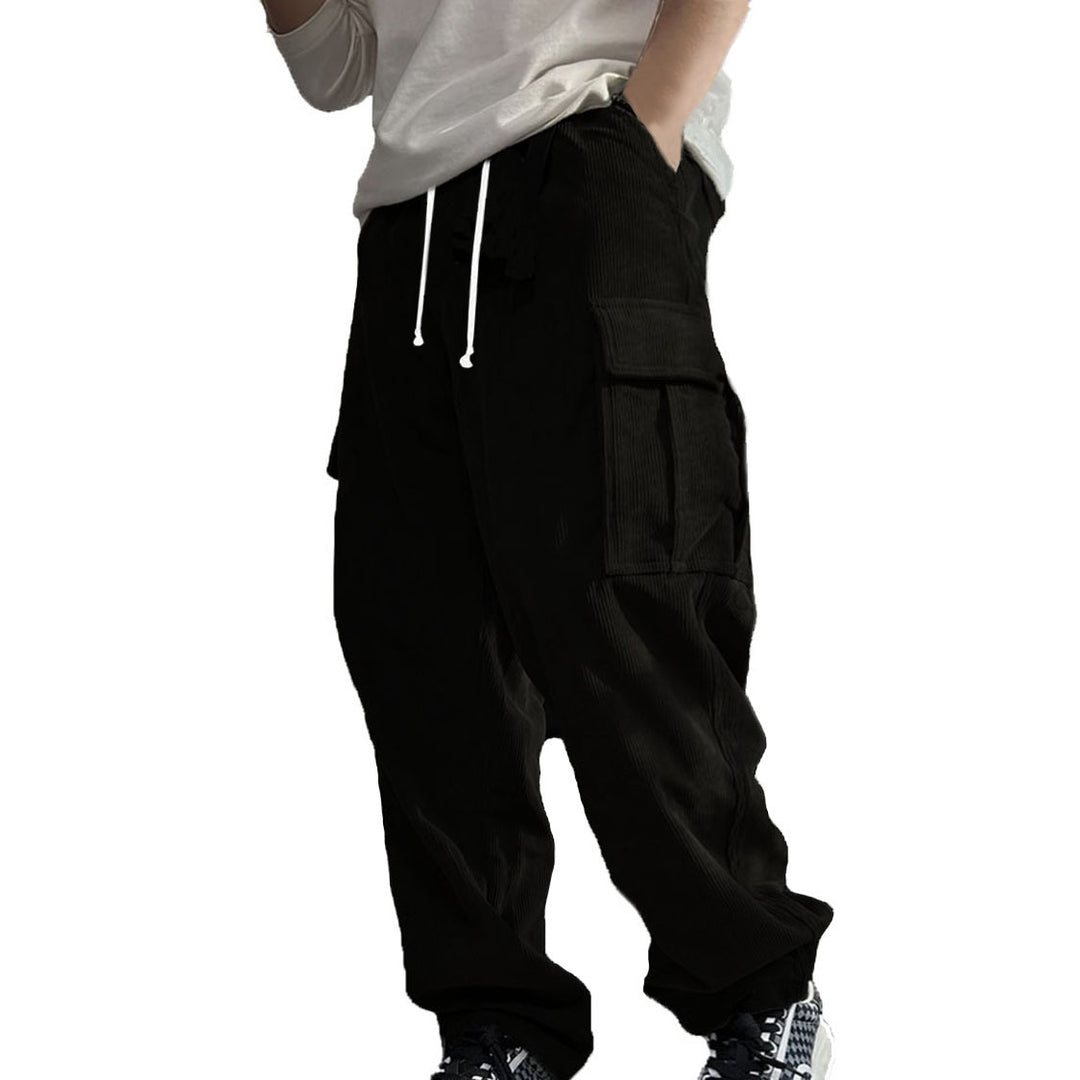 Men's Loose Cord Cargo Pants with Drawstring, Elastic Waistband & Multi-functional Pockets Mune Fashion