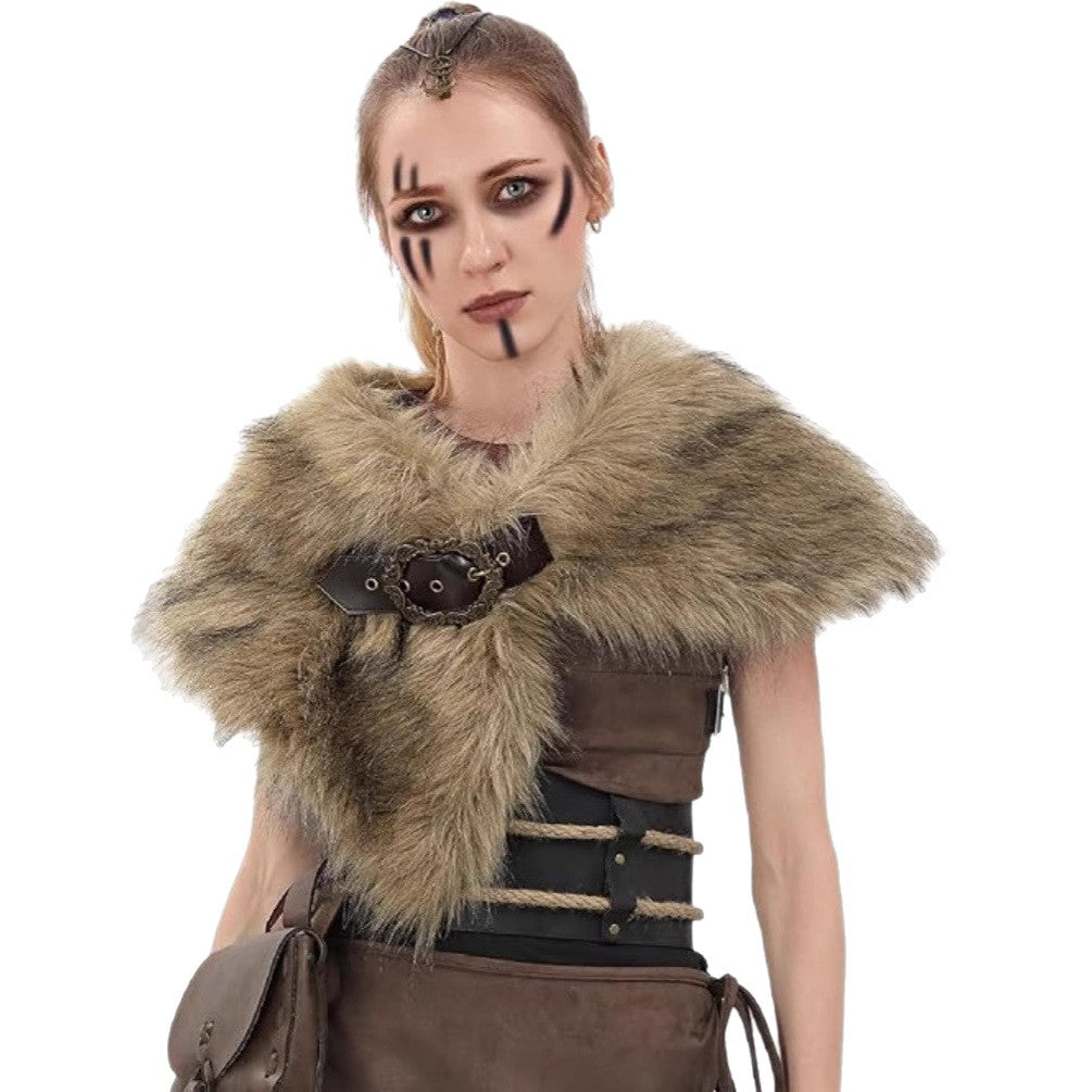 Women Viking-inspired fantasy costume with faux fur shoulder cape, waist belt, and leather bag Mune Fashion