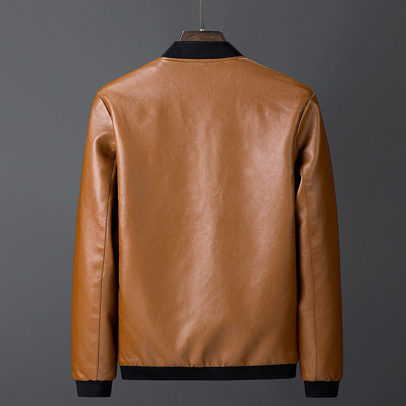 Men's smooth leather look bomber jacket with stand-up collar, zippered pockets, and elastic cuffs Mune Fashion