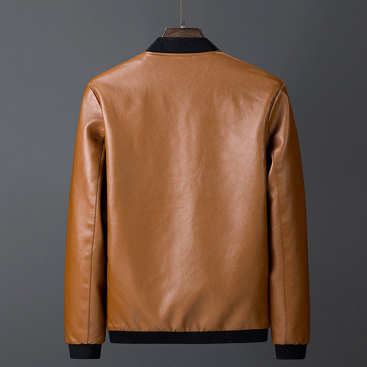 Men's smooth leather look bomber jacket with stand-up collar, zippered pockets, and elastic cuffs Mune Fashion