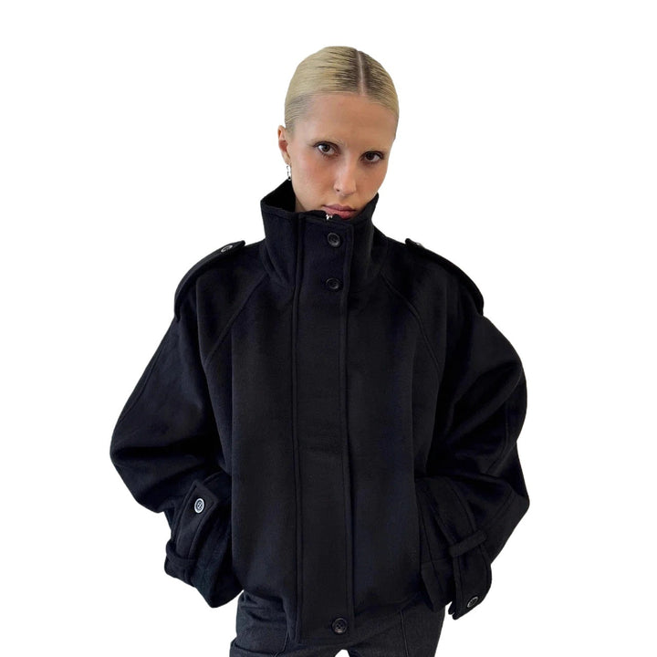 Women's Oversized Wool Cropped Jacket with High Stand-up Collar and Balloon Sleeves Mune Fashion
