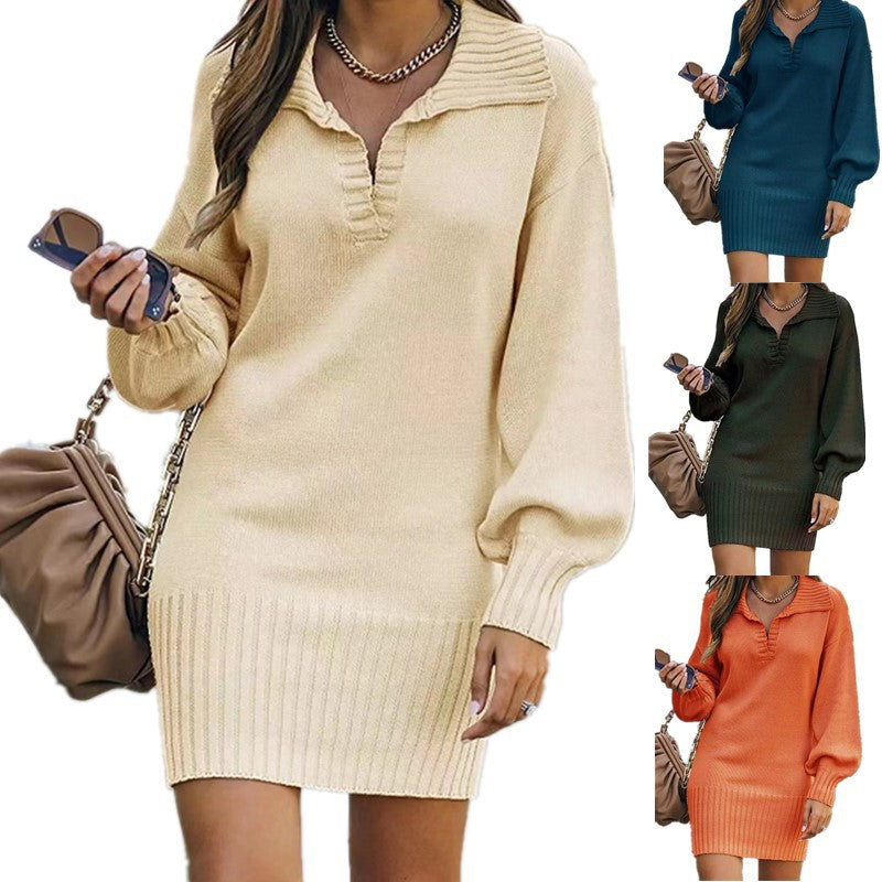 Women's off-shoulder knitted mini dress with wide V-neckline and ribbed waistband Mune Fashion
