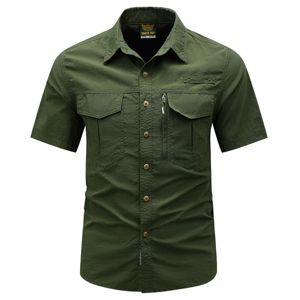 Men's  tactical short sleeve button shirt with dual flap chest pockets and discreet zip utility pocket Mune Fashion