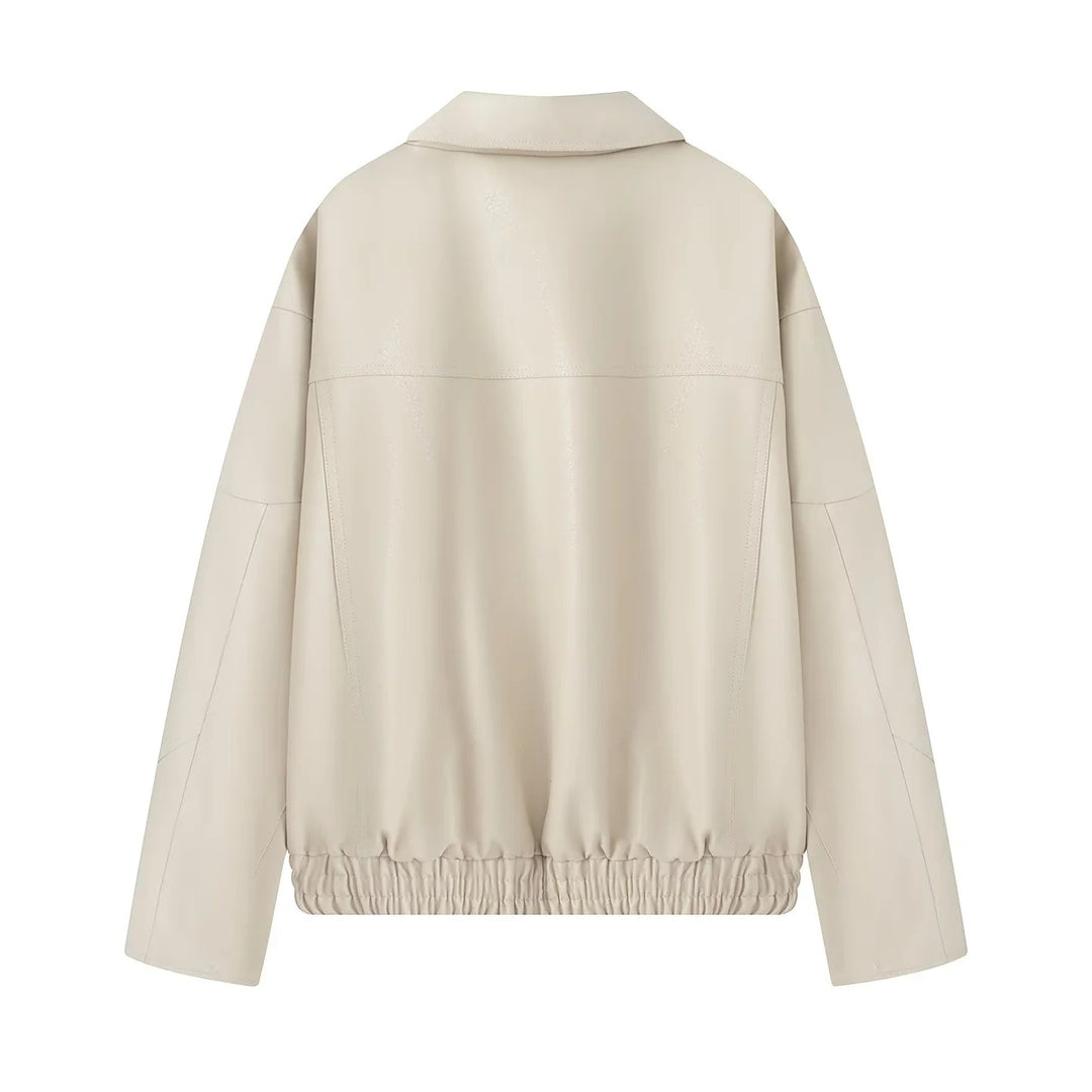 Women nan oversized faux leather bomber jacket with elastic hem and angled zip pocket Mune Fashion