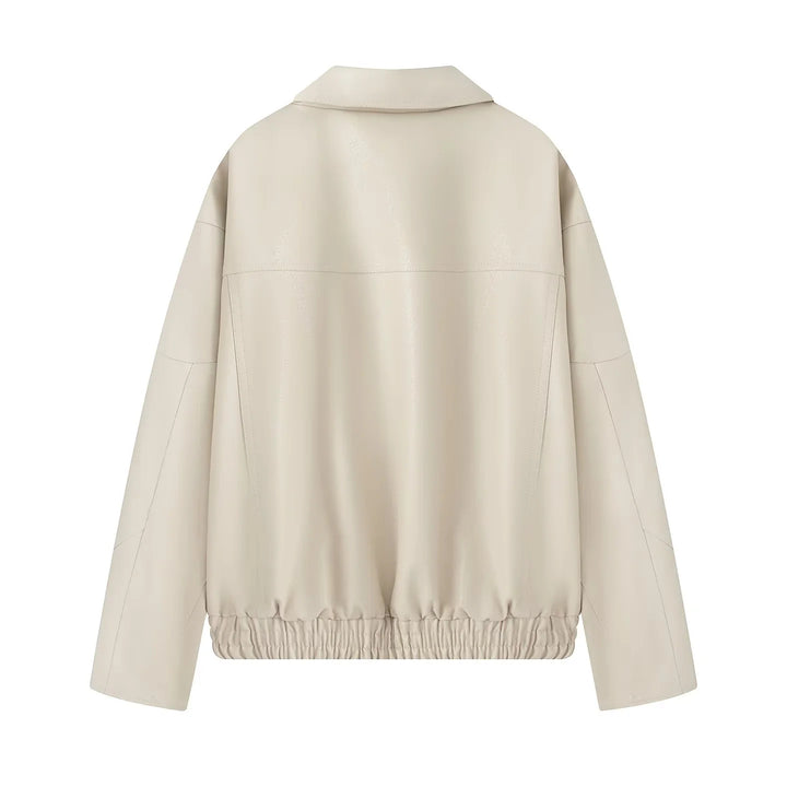 Women nan oversized faux leather bomber jacket with elastic hem and angled zip pocket Mune Fashion