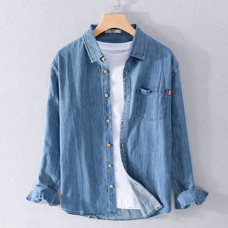 Men's Lightweight Denim Shirt in Relaxed Fit with Chest Pocket and Wood Button Placket Mune Fashion