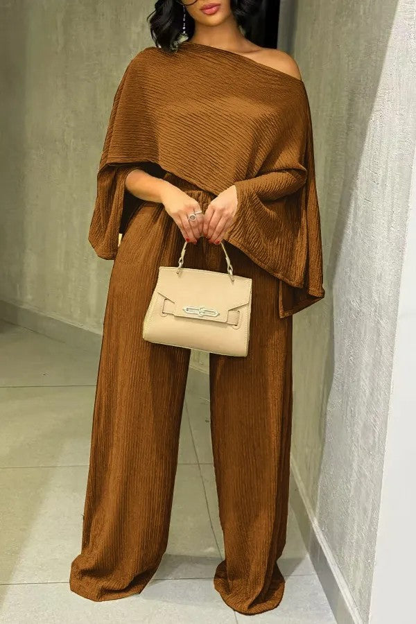Women's Two-Piece Textured Loungewear Set with Cropped Cape Top and Maxi Skirt with Side Slit Drune