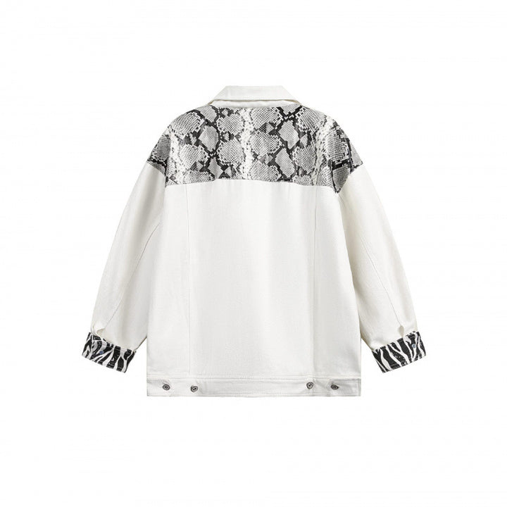 Women's Oversized Denim Jacket in Patchwork Animal Print with Notch Collar and Flap Pockets Mune Fashion
