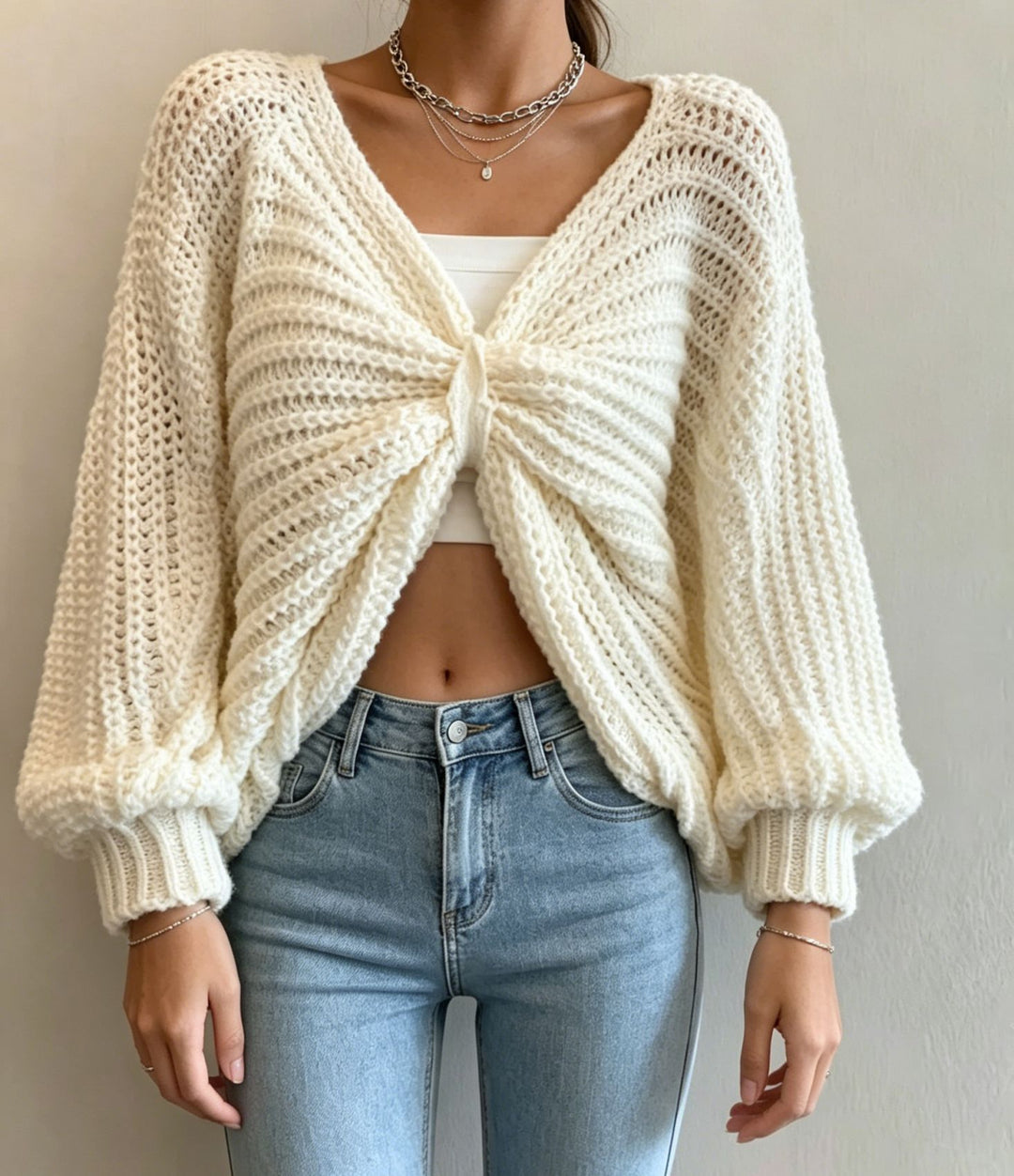 Women's Cropped Knit Cardigan with Knot Detail and Balloon Sleeves Mune Fashion