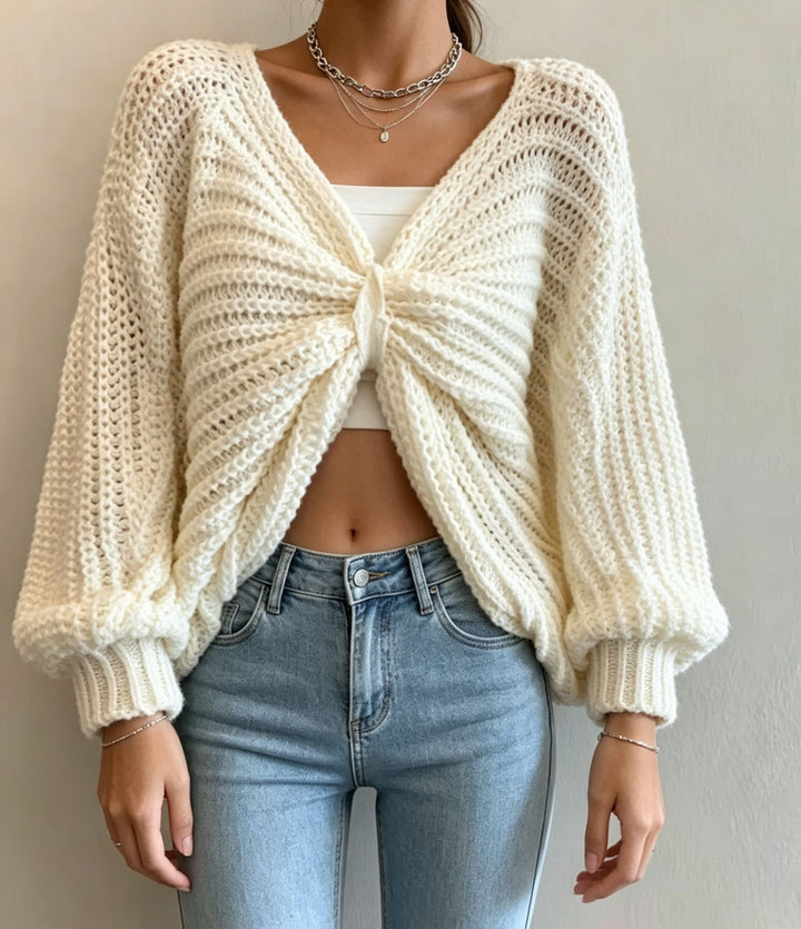 Women's Cropped Knit Cardigan with Knot Detail and Balloon Sleeves Mune Fashion