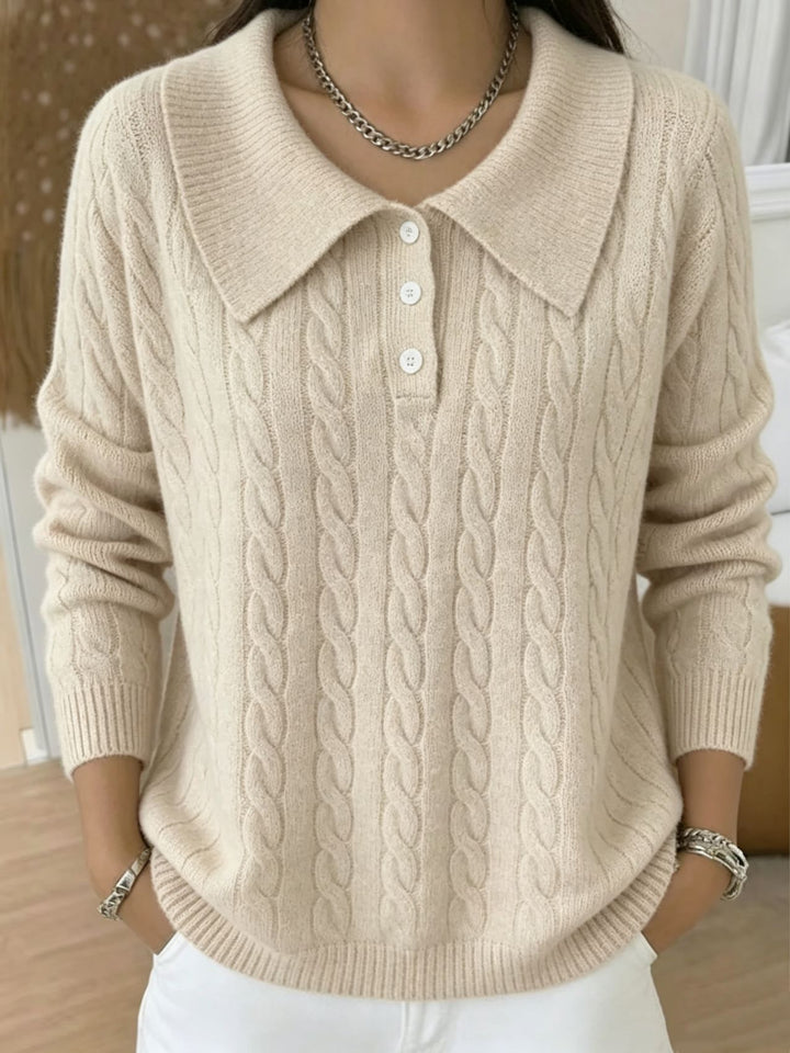 Women's cable knit polo sweater with large folded collar and relaxed silhouette Mune Fashion