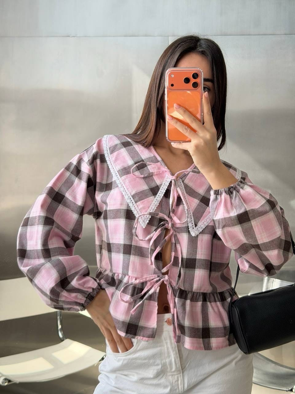 Women's Checked Ruffle Blouse with Oversized Lace Collar and Ties Mune Fashion