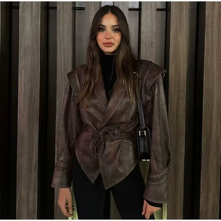 Women's Wrap Leather Jacket with Waist Belt, Emphasized Shoulder Area and Feminine Silhouette Mune Fashion