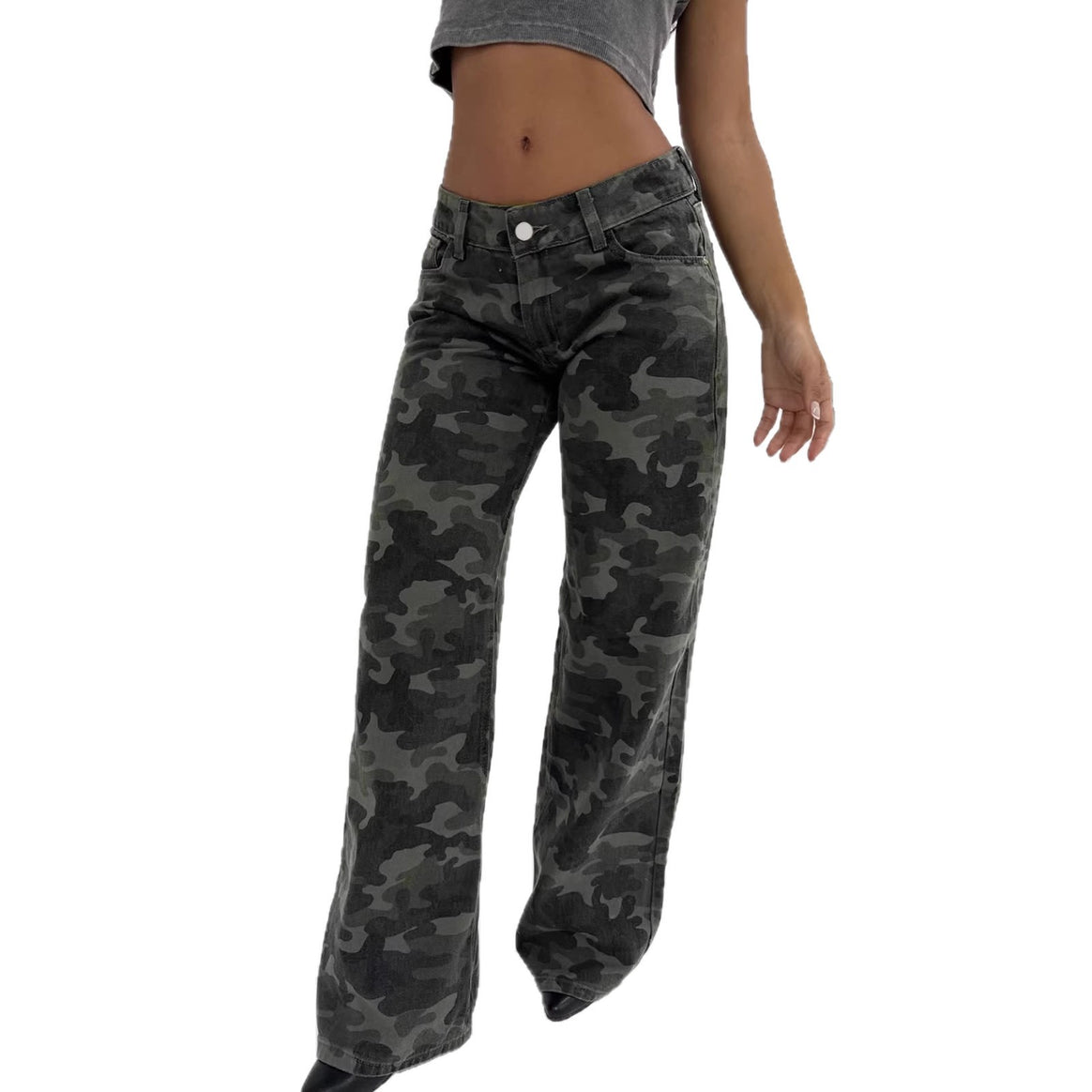 Women's Camouflage Denim Flared Pants with High Waist and Wide Leg Mune Fashion
