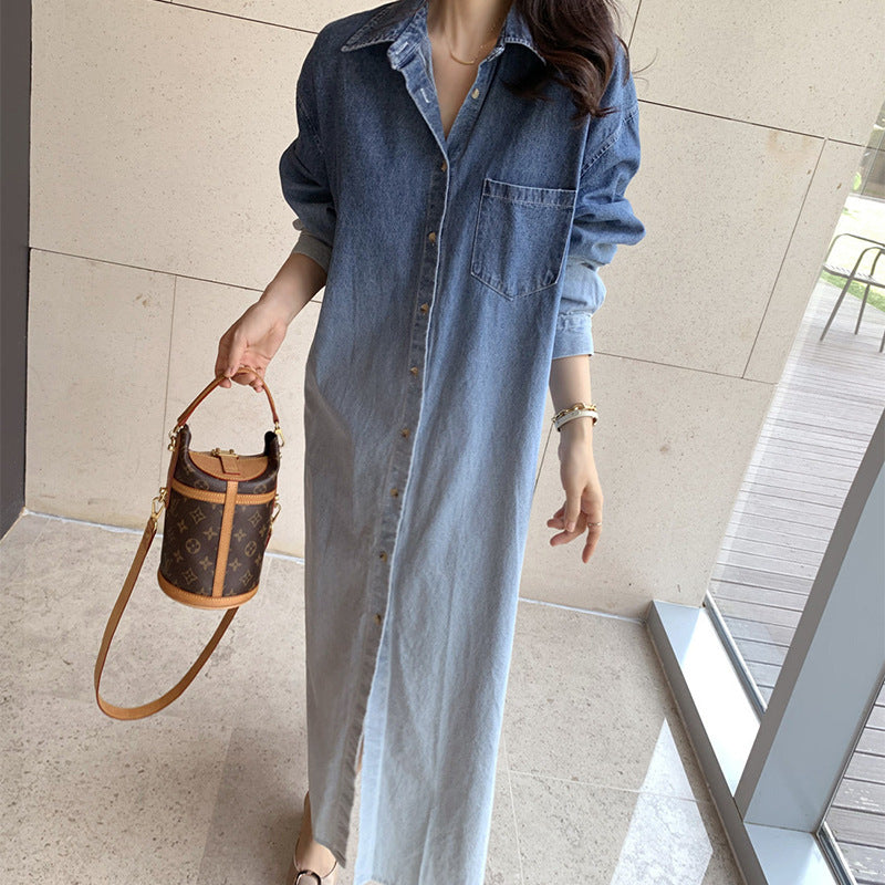 Women's Gradient Jeans Shirt Dress Maxi with Full Button Placket, Chest Pocket, and Side Slits Mune Fashion