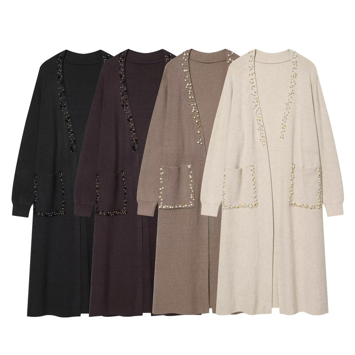 Women's long knitted cardigan with pearl trim and patch pockets Mune Fashion