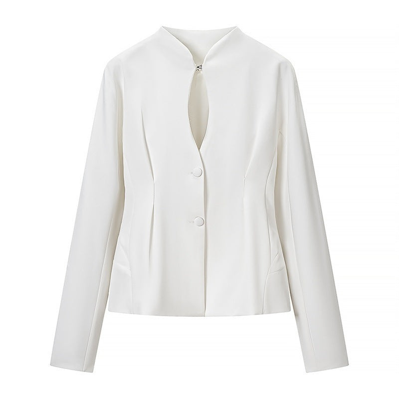 Women's Tailored Short Blazer without Lapels with Stand-Up Collar Look and Shaping Seams Mune Fashion