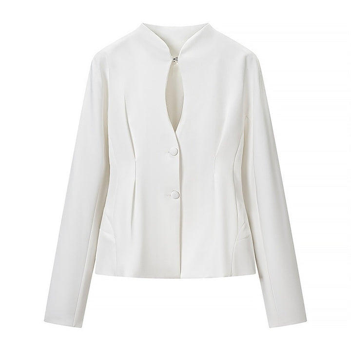 Women's Tailored Short Blazer without Lapels with Stand-Up Collar Look and Shaping Seams Mune Fashion