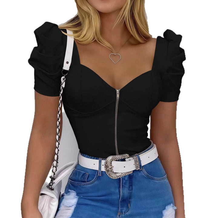Women Form-Fitting Corset Top with Heart-Shaped Neckline, Puff Sleeves and Front Zipper Mune Fashion
