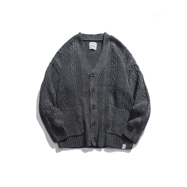 Unisex Oversized Knit Cardigan with Cable Pattern, V-Neck and Patch Pockets Mune Fashion