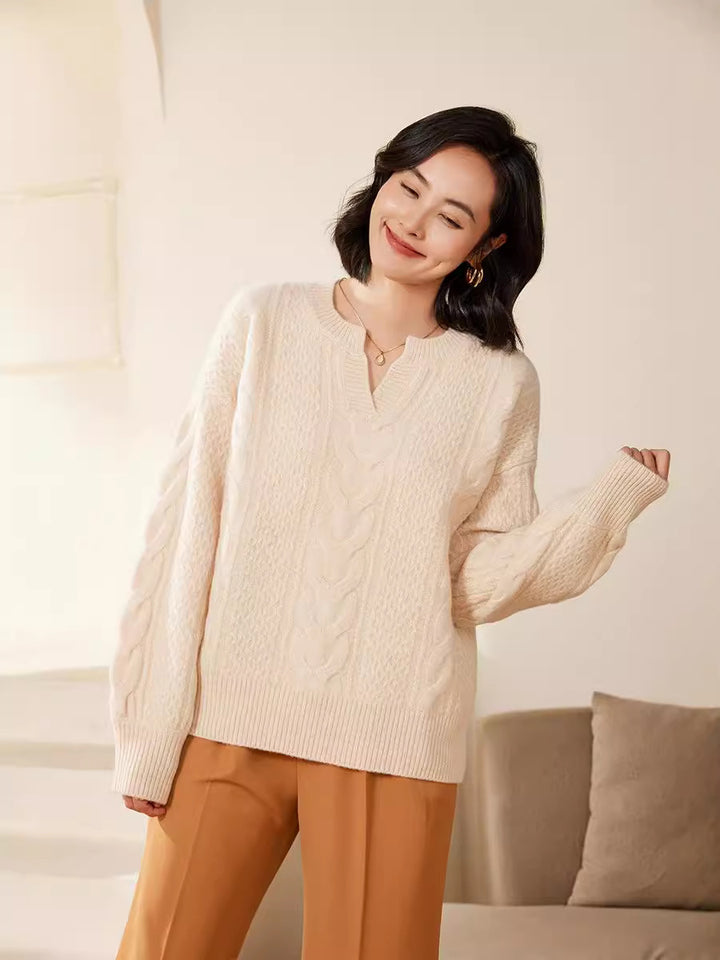 Women's Oversize Cable Knit Sweater with V-Inset and Cashmere-like Softness Mune Fashion
