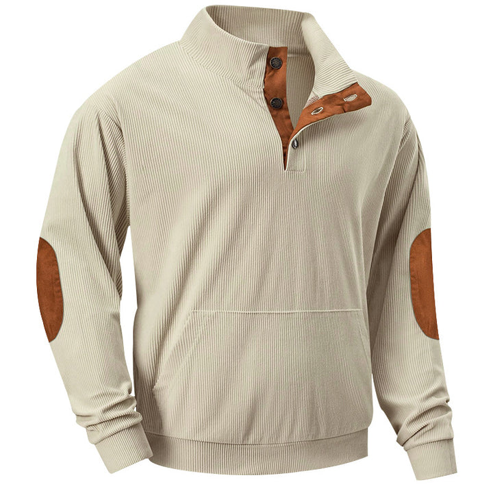 Men's fine ribbed stand-up collar sweater with button placket, kangaroo pocket, and suede elbow patches Mune Fashion