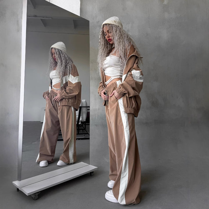 Women's Two-Piece Oversized Windbreaker Set with Contrast Stripes, Elastic Hem and Drawstring Pants Mune Fashion