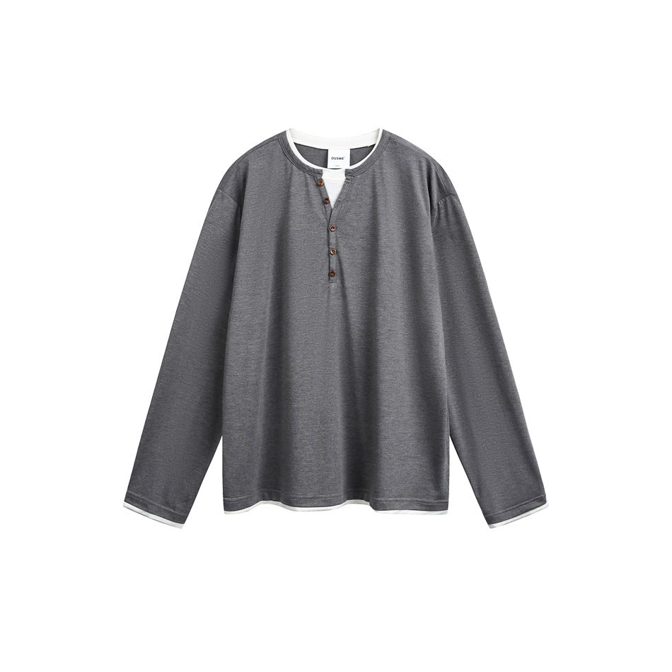 Unisex cotton blend henley shirt with double-layer collar and wooden button placket Mune Fashion
