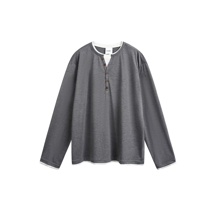 Unisex cotton blend henley shirt with double-layer collar and wooden button placket Mune Fashion