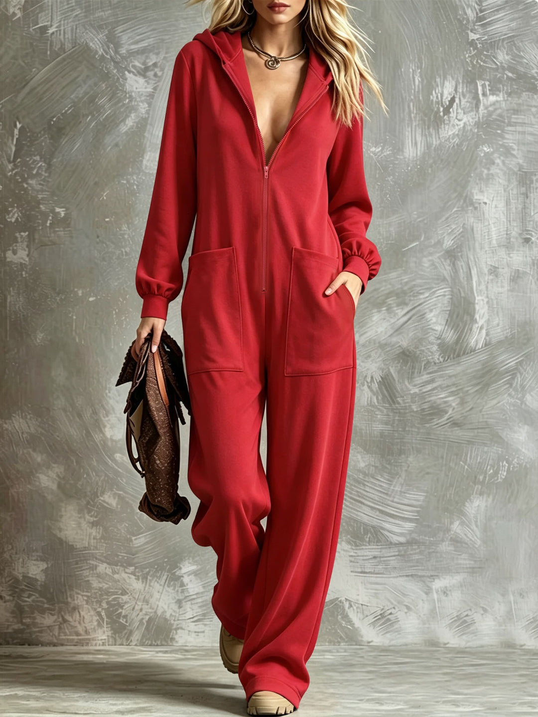Women's hooded jumpsuit with full-length zipper and patch pockets Mune Fashion