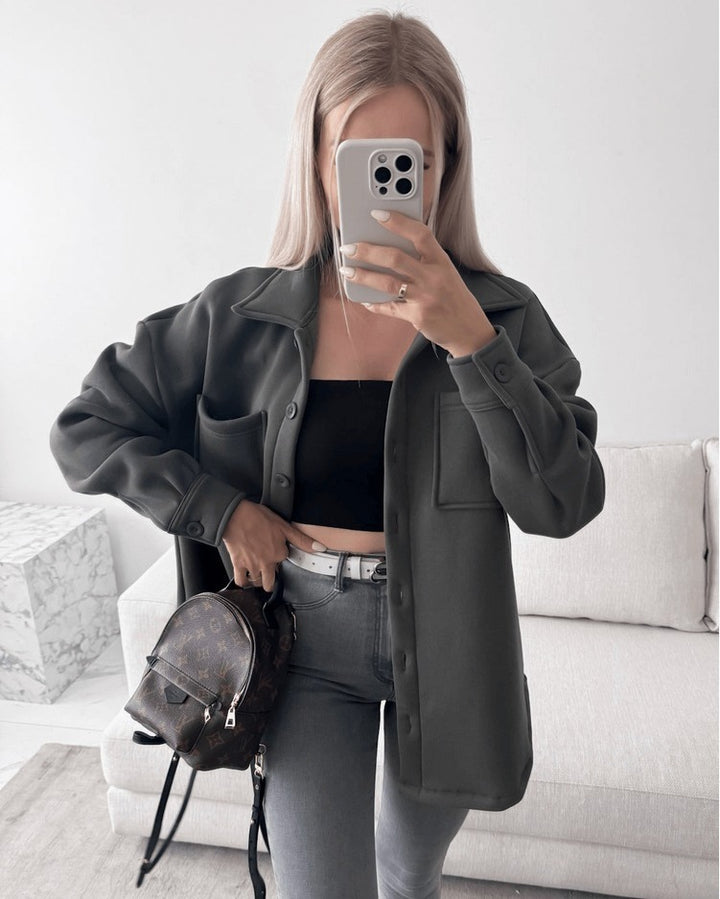 Women Oversized Shirt Jacket Shacket made of soft wool blend with patch chest pockets Mune Fashion
