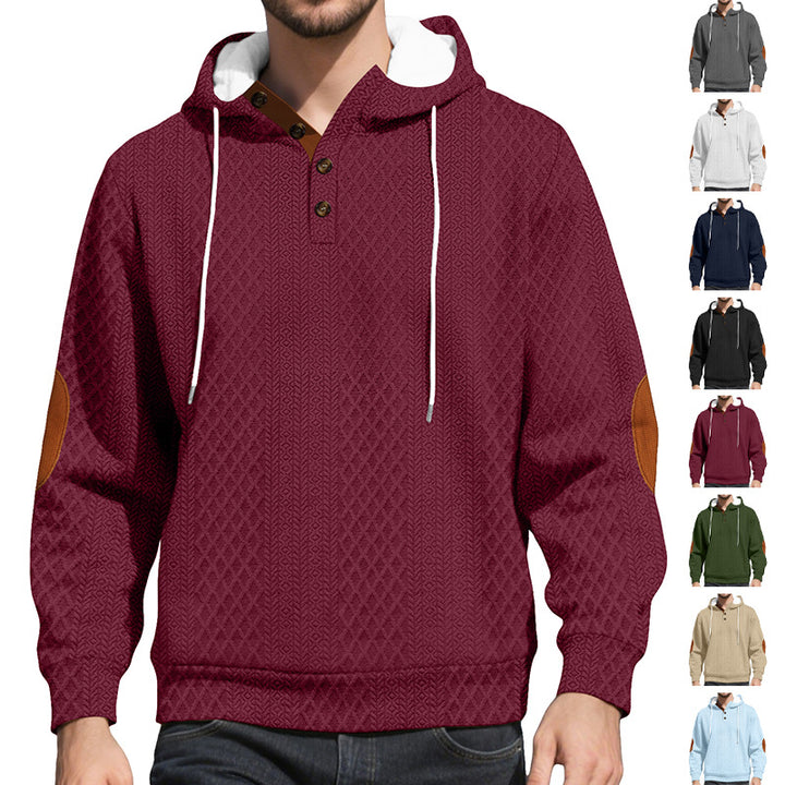 Men's nan diamond structure hoodie with short button placket, quilted hood inner edge, and suede elbow patch Mune Fashion