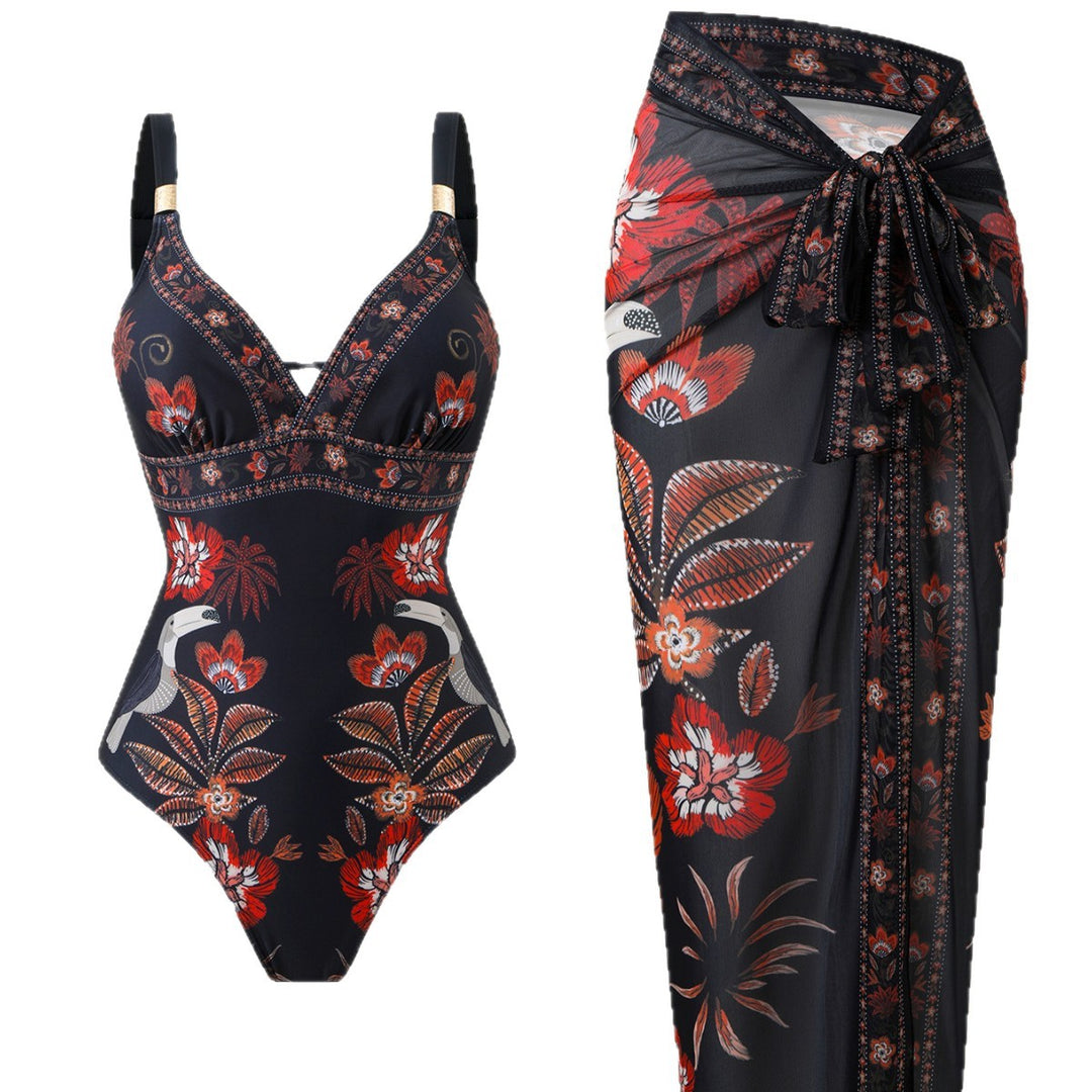 Women Colorful Printed Swimsuit with Matching Wrap Skirt Mune Fashion
