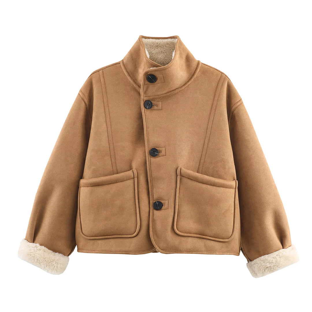 Women's short lambskin-look jacket with stand-up collar, soft teddy lining, and generous patch pockets Mune Fashion