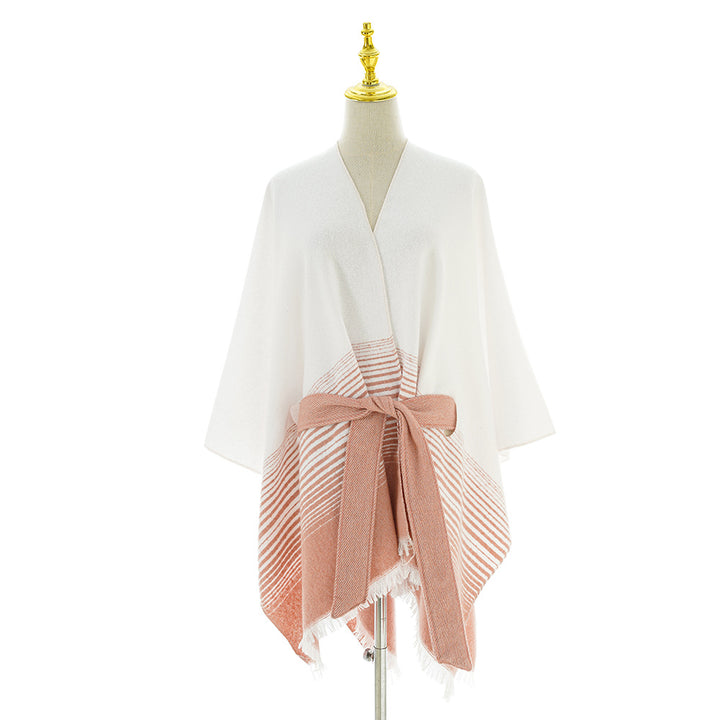 Ladies wrap poncho made of fine knit with tie belt and fringed hem Mune Fashion