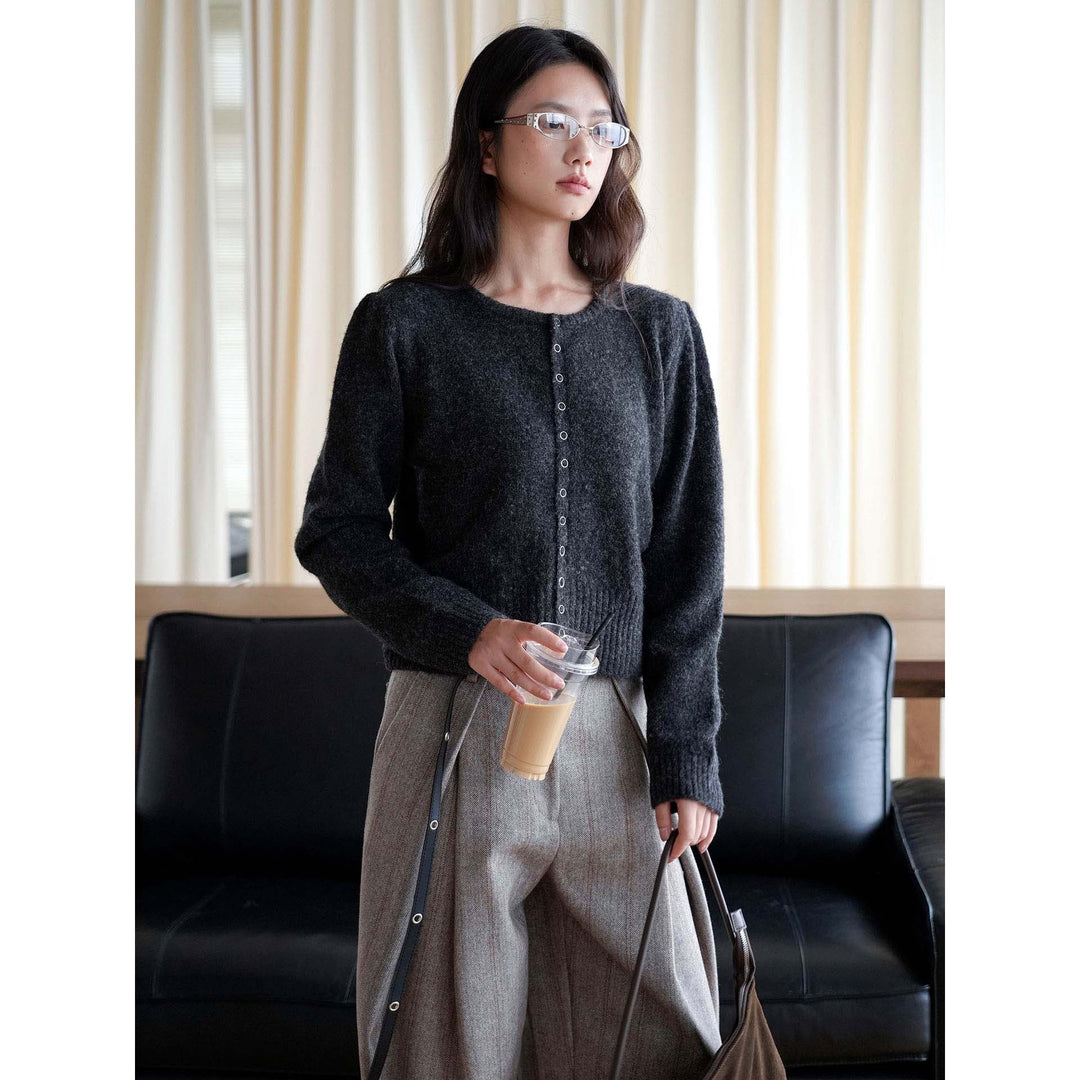 Women Button-Front Short Knit Jacket with Fluffy Texture and Narrow Hem Mune Fashion