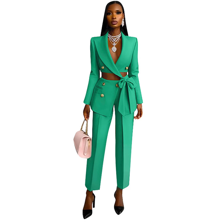 Ladies Tailored Crop Blazer with Decorative Bow, Double Breasted and High Waisted Pants Mune Fashion