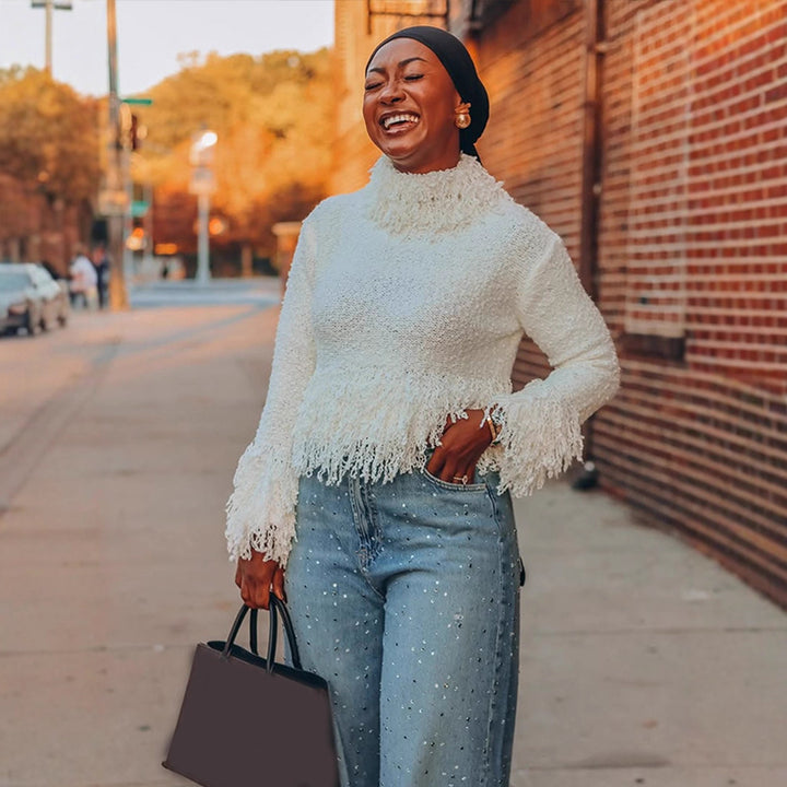 Women Short-Cut Boucle Sweater with Fringes and High Roll Neck Mune Fashion