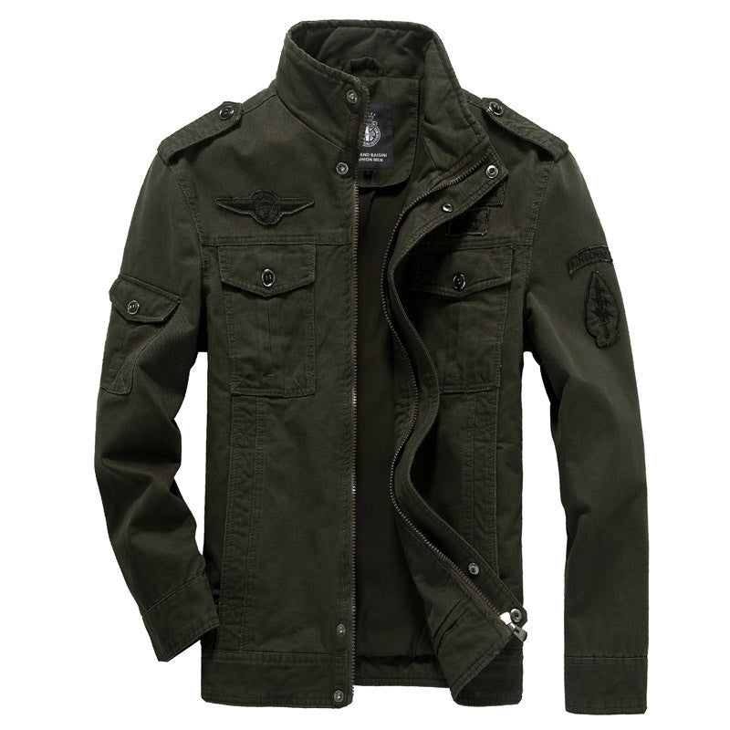 Men's nan canvas pilot jacket with shoulder patches, flap pockets, and reinforced front section Mune Fashion