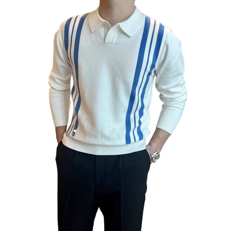 Men's Polo Collar Knit Sweater with Distinctive Stripes and Slim Fit Mune Fashion