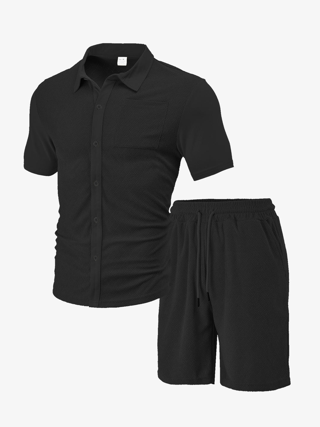 Men's buttoned leisure set with shirt collar herringbone structure chest pocket and drawstring shorts Mune Fashion