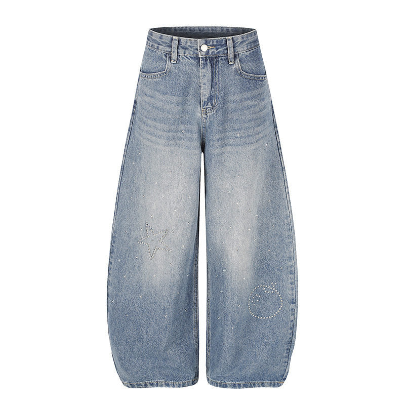 Women's Extra Wide High-Waist Denim Culottes with Palazzo Cut and Star Stud Decoration Mune Fashion