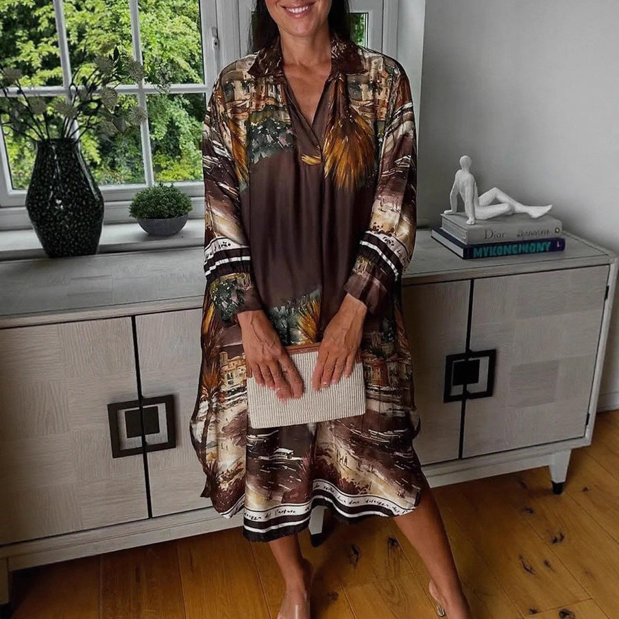Women's blouse dress in silk look, kaftan style, with an illustrative coastal print Mune Fashion