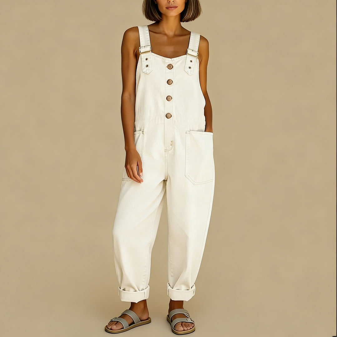Women's Wide Denim Dungarees with Button Placket, Adjustable Straps and Patch Pockets Mune Fashion