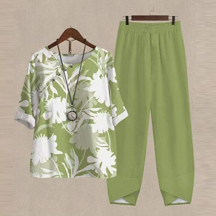 Women's lightweight tunic two-piece set with botanical leaf print, casual V-neck blouse and elastic comfort pants Mune Fashion